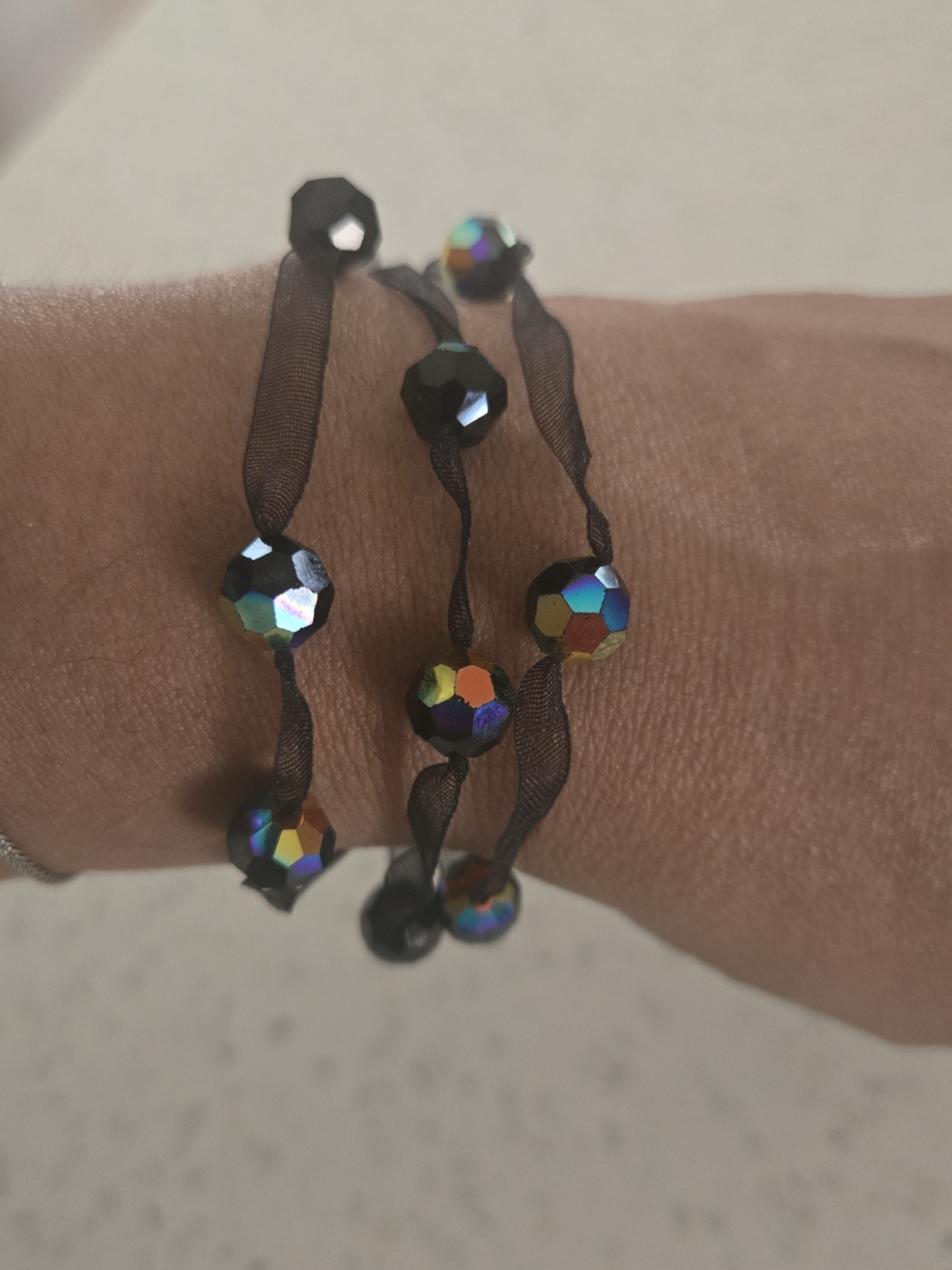 Iridescent Hematite Bead Ribbon Wrap Bracelet - Black